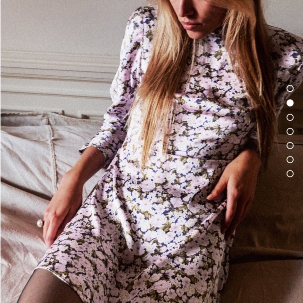 Zara Floral Satin Mini Dress Long Buttoned Sleeves Tie Up Neck XL